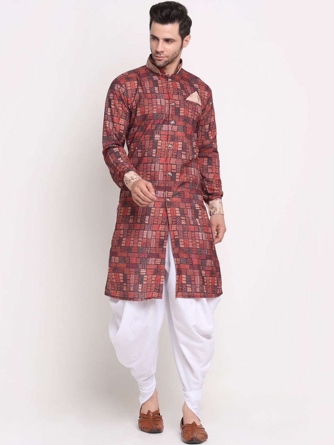 

Benstoke Men Maroon & White Printed Sherwani with Churidar Set