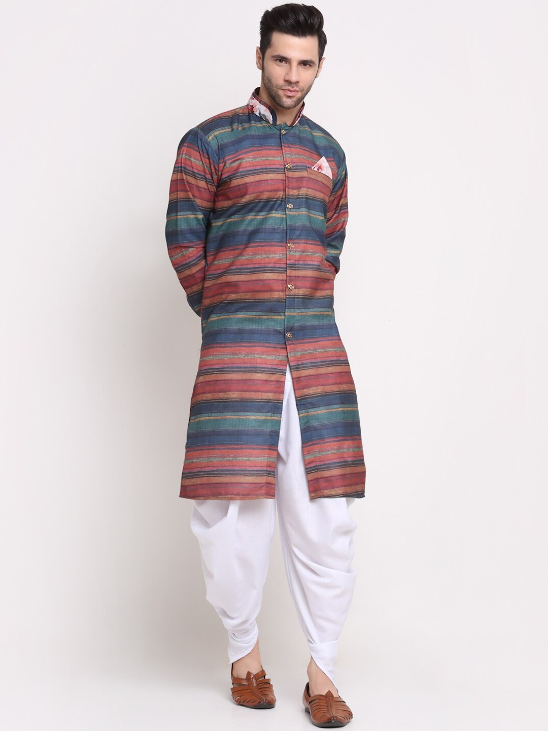 

Benstoke Men Peach & Green Striped Sherwani Set
