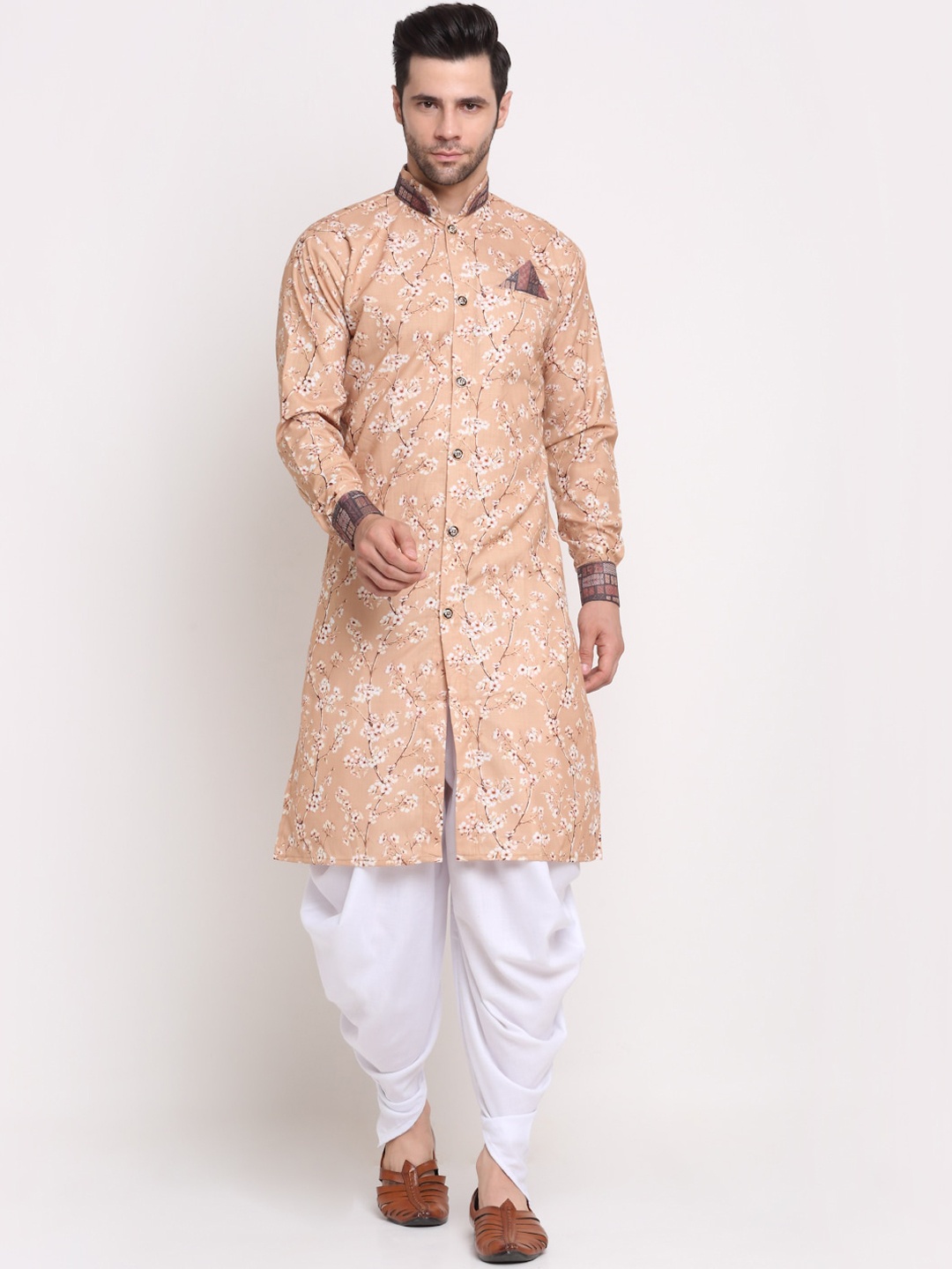 

Benstoke Men Peach-Coloured & White Printed Sherwani Set