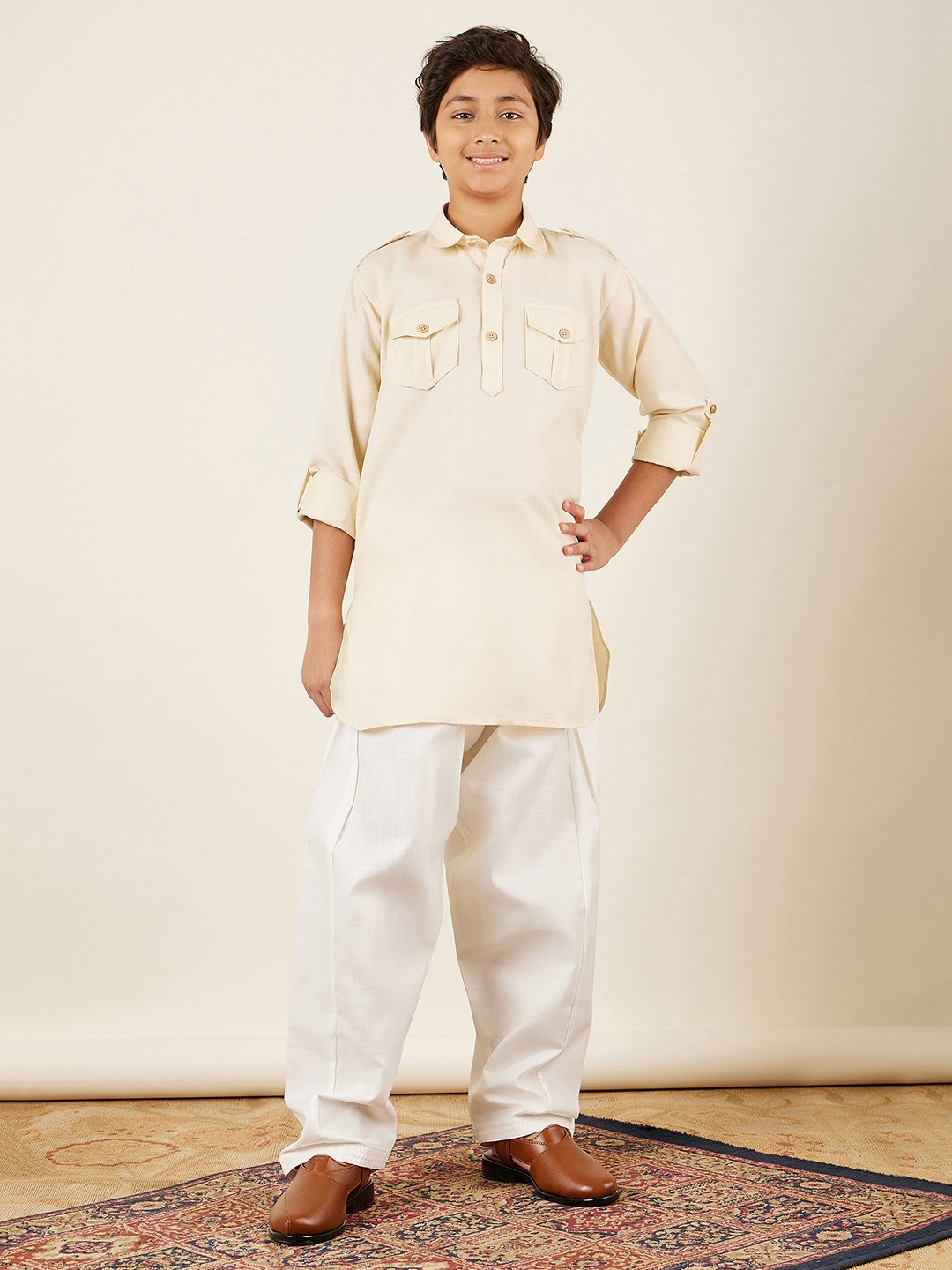 

Aj DEZInES Boys Cream-Coloured Pure Cotton Pathani Kurta with Salwar