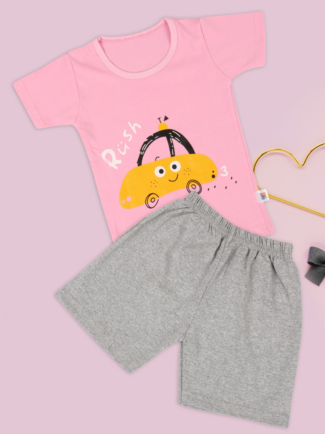 

Fashitale Kids Pink & Grey Printed Pure Cotton T-shirt with Shorts