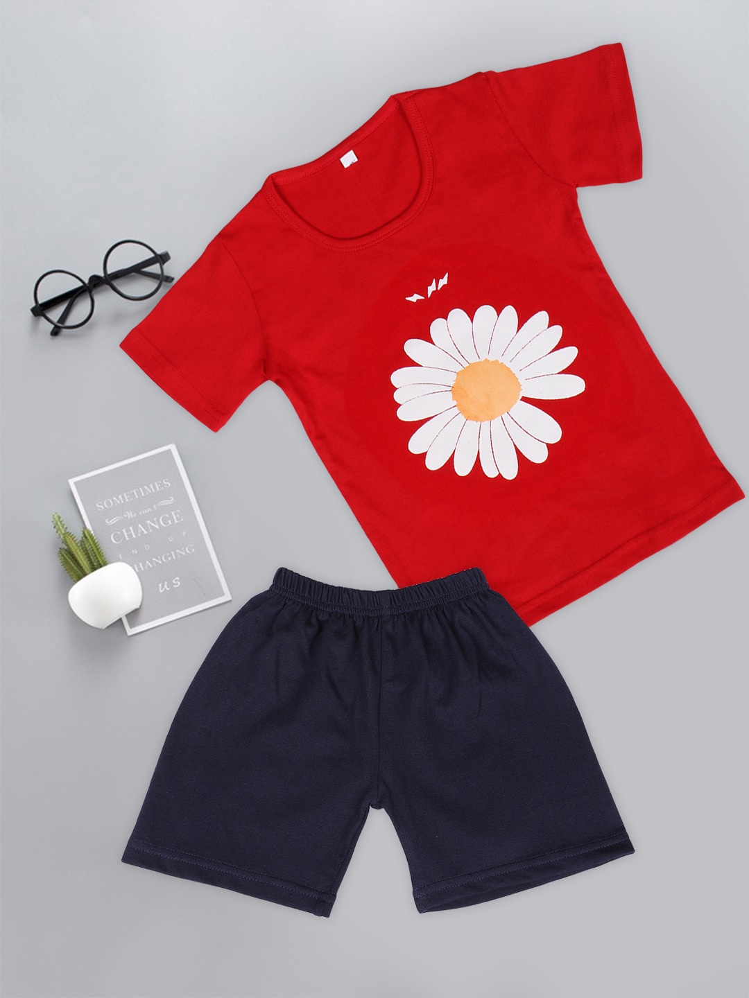 

Fashitale Kids Red & Navy Blue Printed Pure Cotton T-shirt with Shorts
