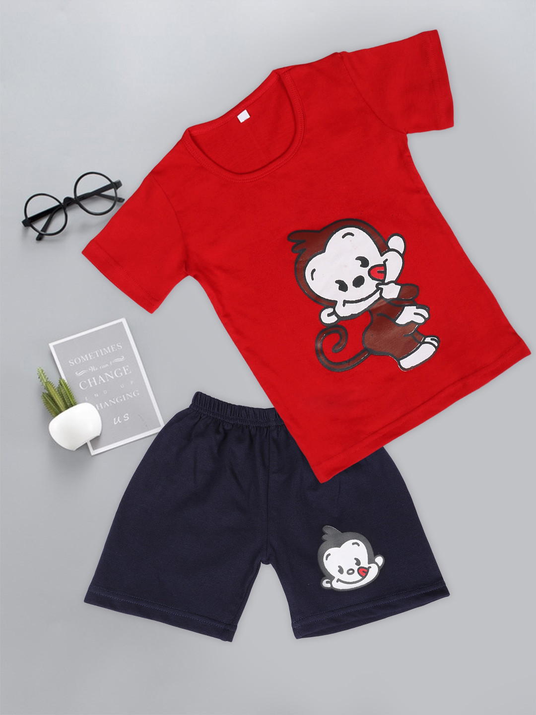 

Fashitale Kids Red & Navy Blue Printed Pure Cotton T-shirt with Shorts
