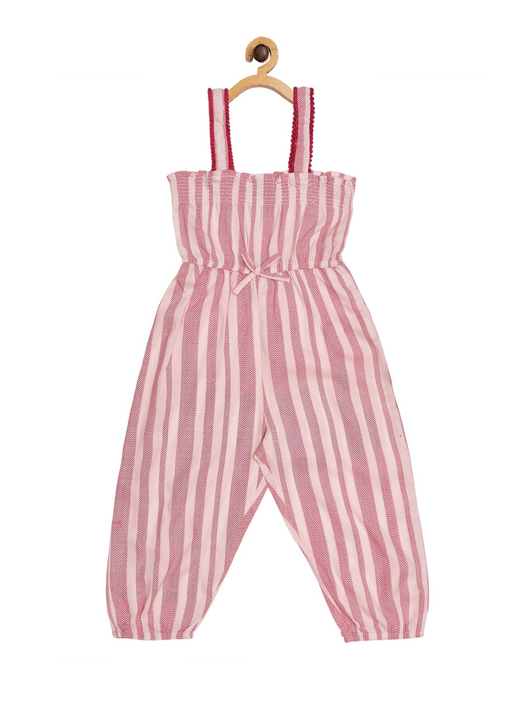 

Creative Kids Girls Pink & White Printed Basic Striped Smocked Jumpsuit