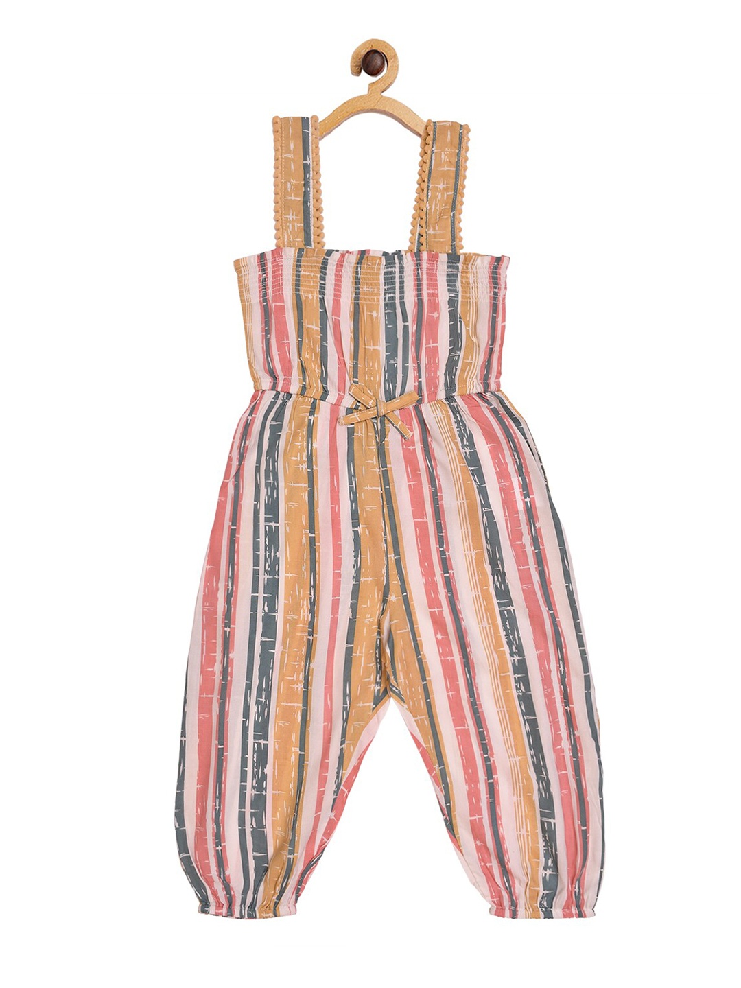 

Creative Kids Girls Yellow & Grey Striped Smocked Basic Jumpsuit