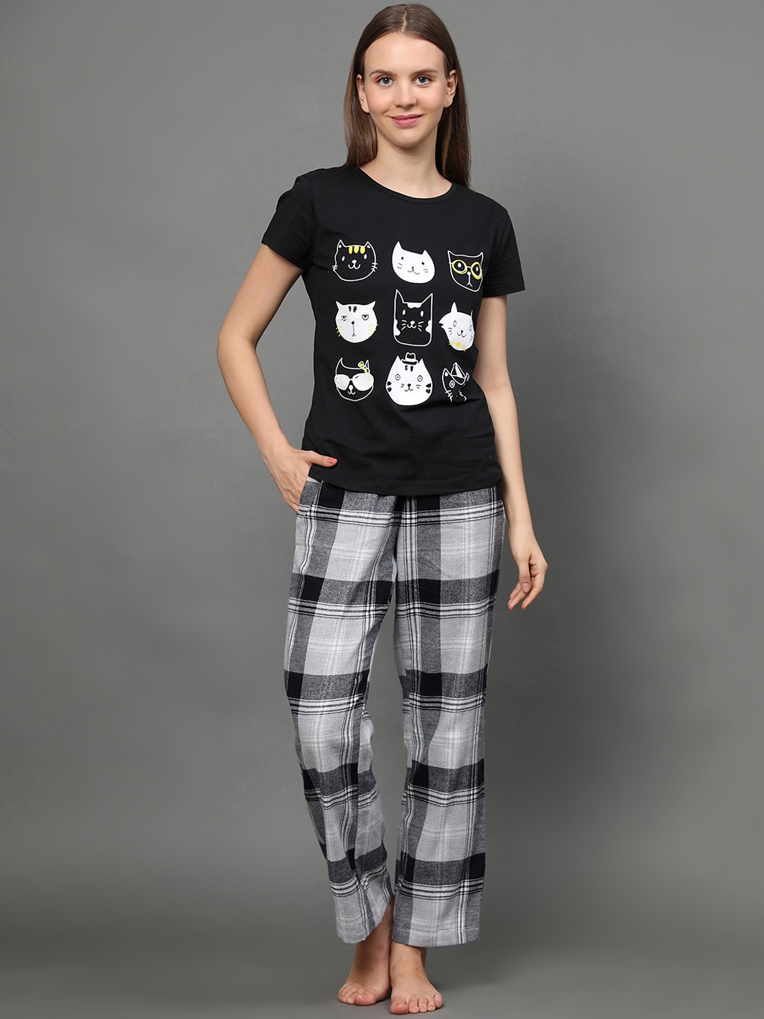 

BStories Women Black & Grey Printed Night suit