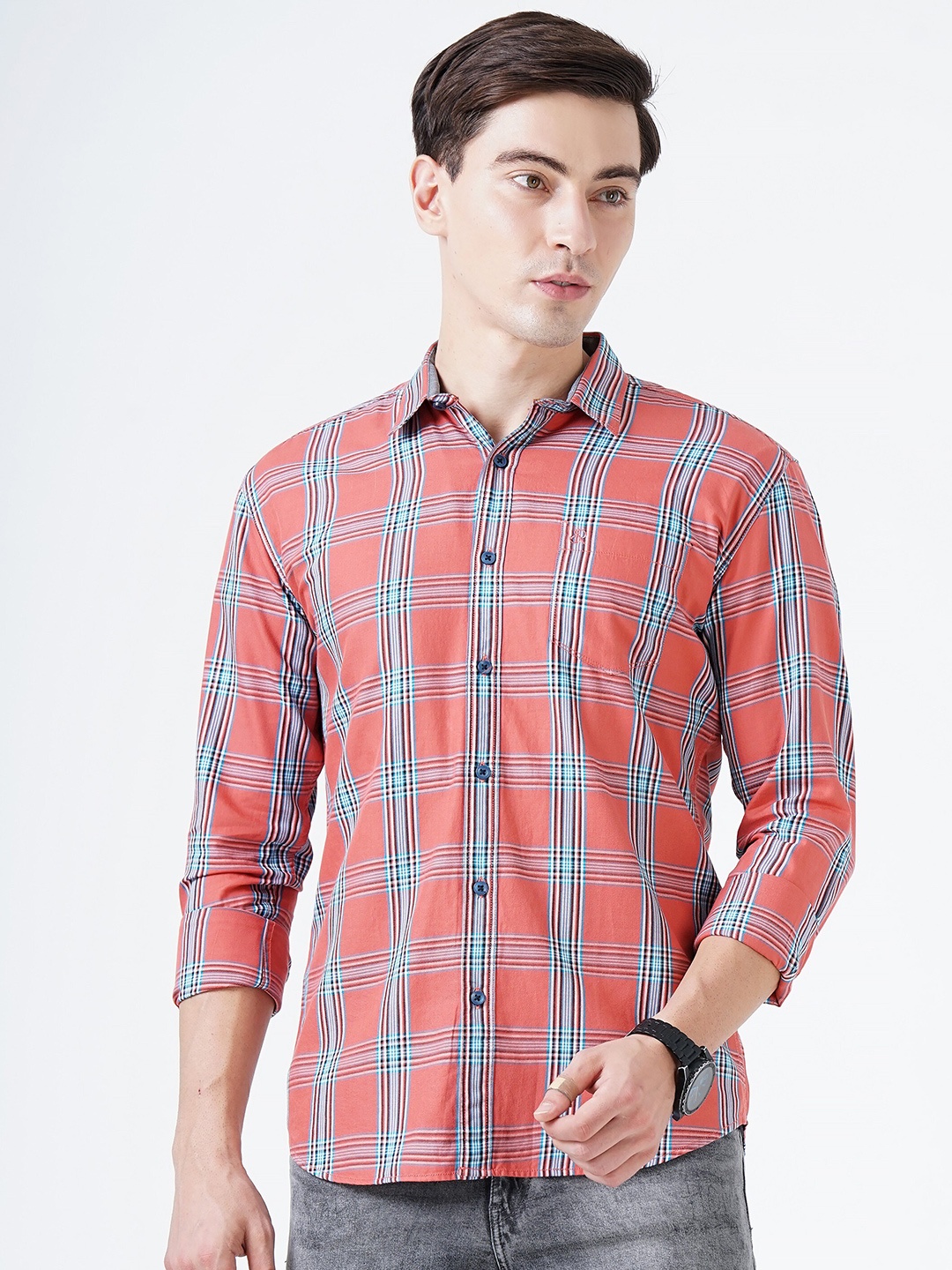 

SORATIA Men Orange Slim Fit Windowpane Checks Checked Casual Shirt