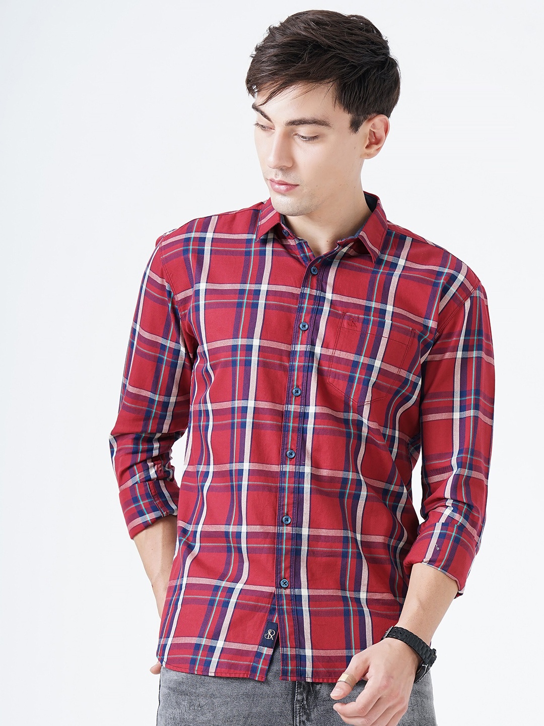 

SORATIA Men Red Slim Fit Windowpane Checks Checked Casual Shirt