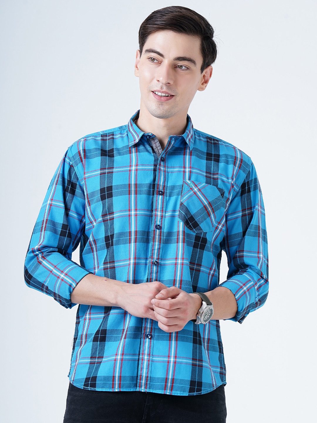 

SORATIA Men Navy Blue Slim Fit Windowpane Checks Checked Casual Shirt