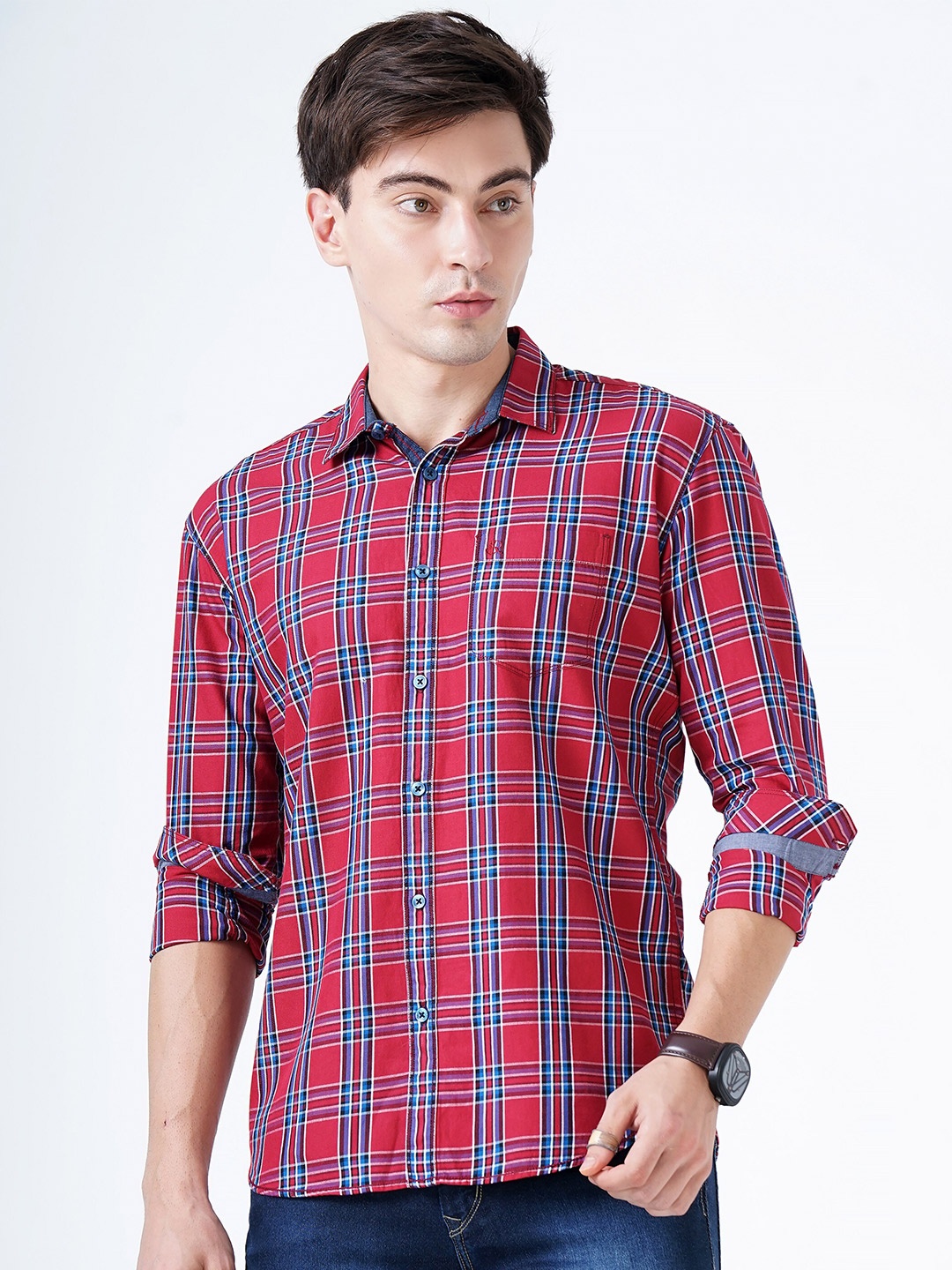 

SORATIA Men Maroon Slim Fit Tartan Checked Casual Shirt
