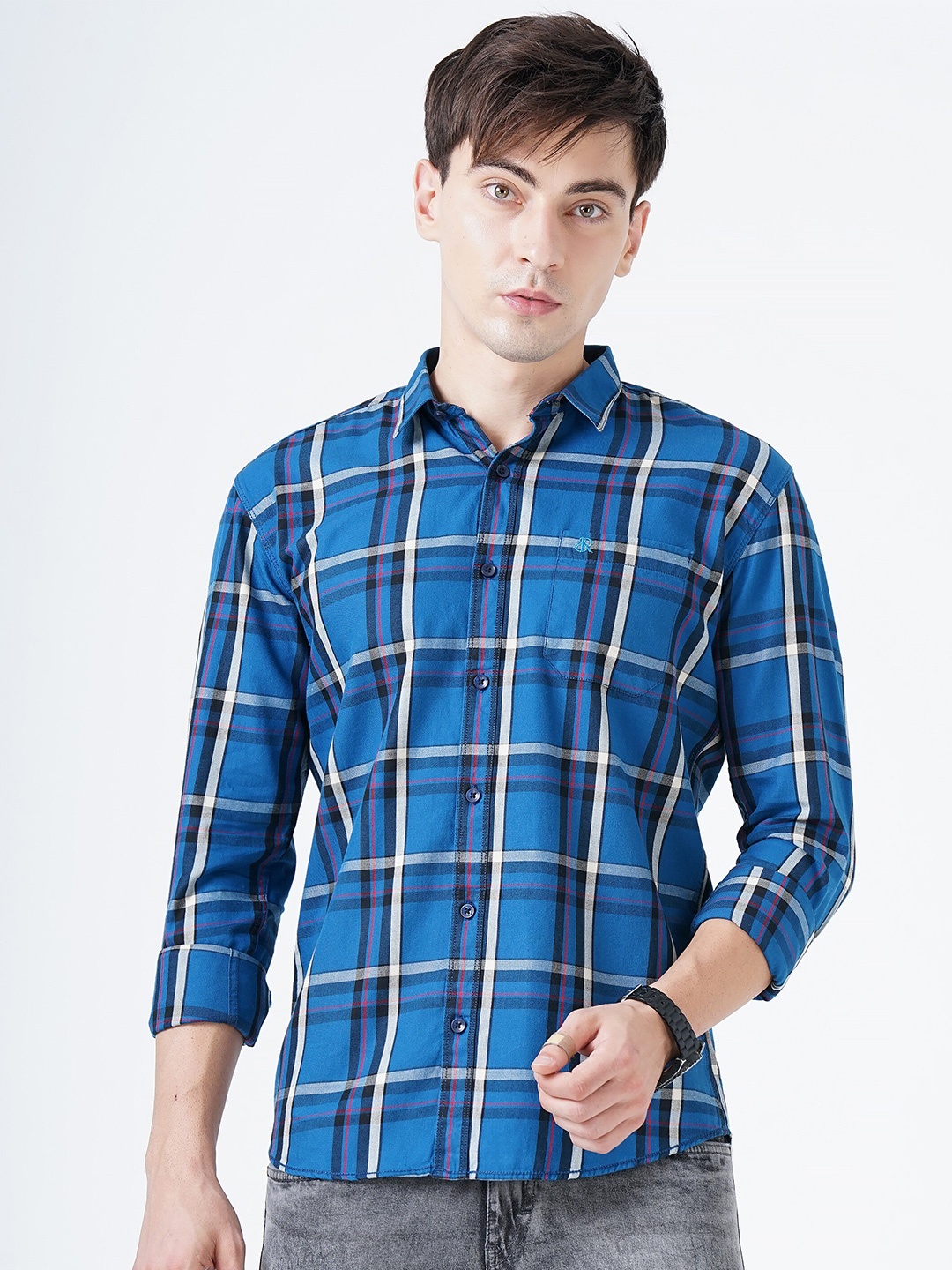 

SORATIA Men Blue Slim Fit Tartan Checked Casual Shirt