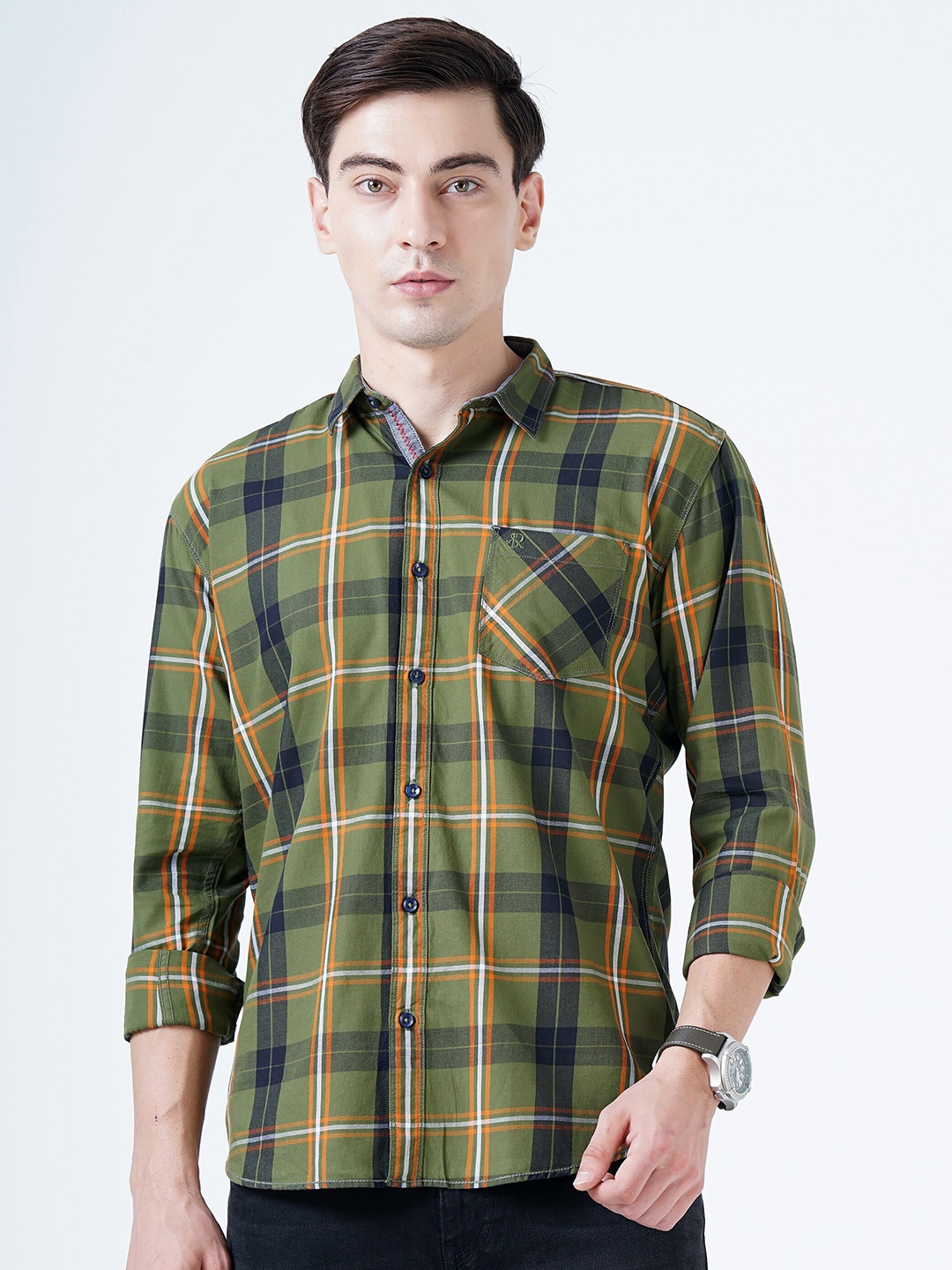 

SORATIA Men Olive Green Slim Fit Tartan Checks Checked Casual Shirt