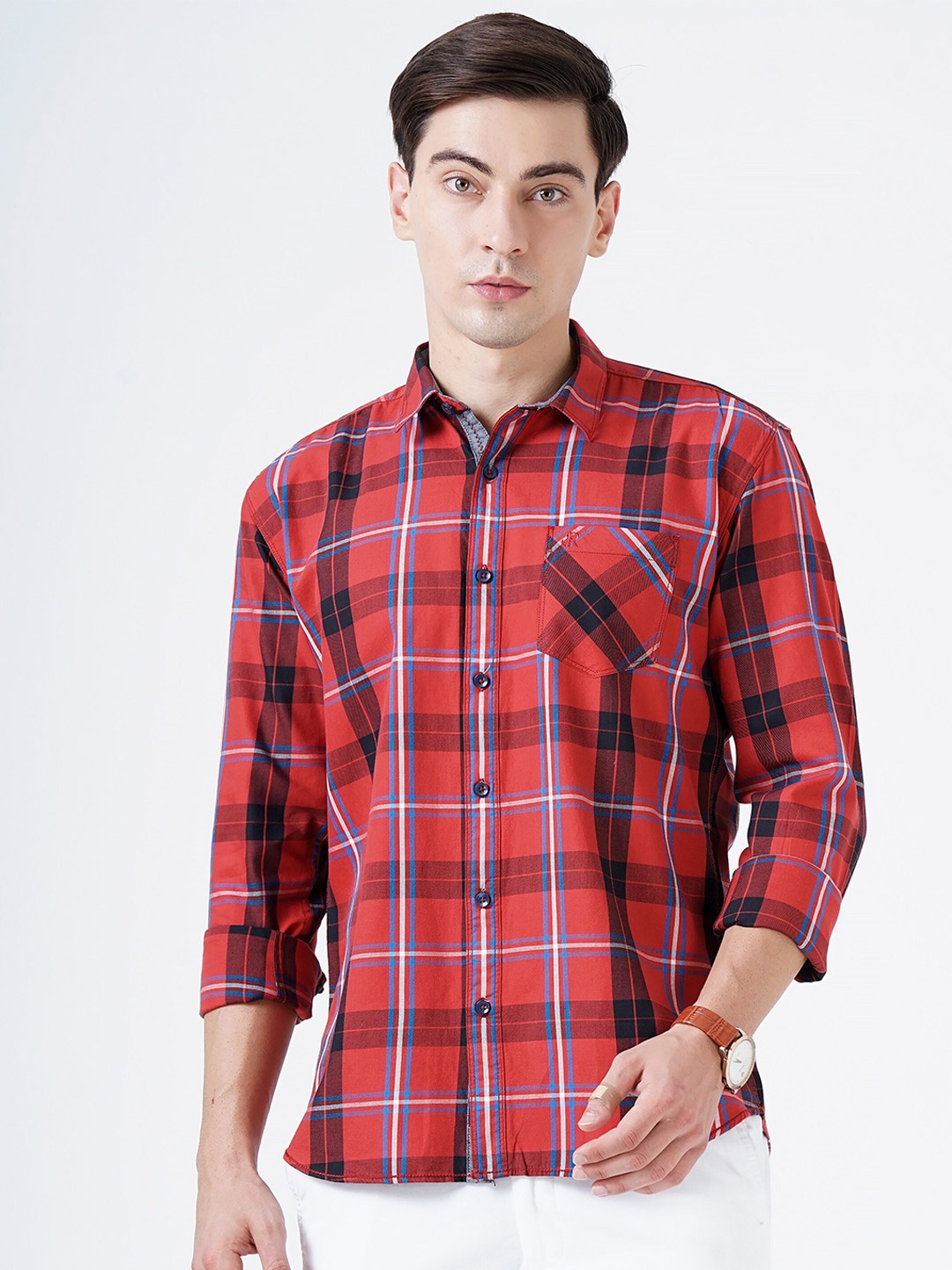 

SORATIA Men Red Slim Fit Tartan Checked Casual Shirt