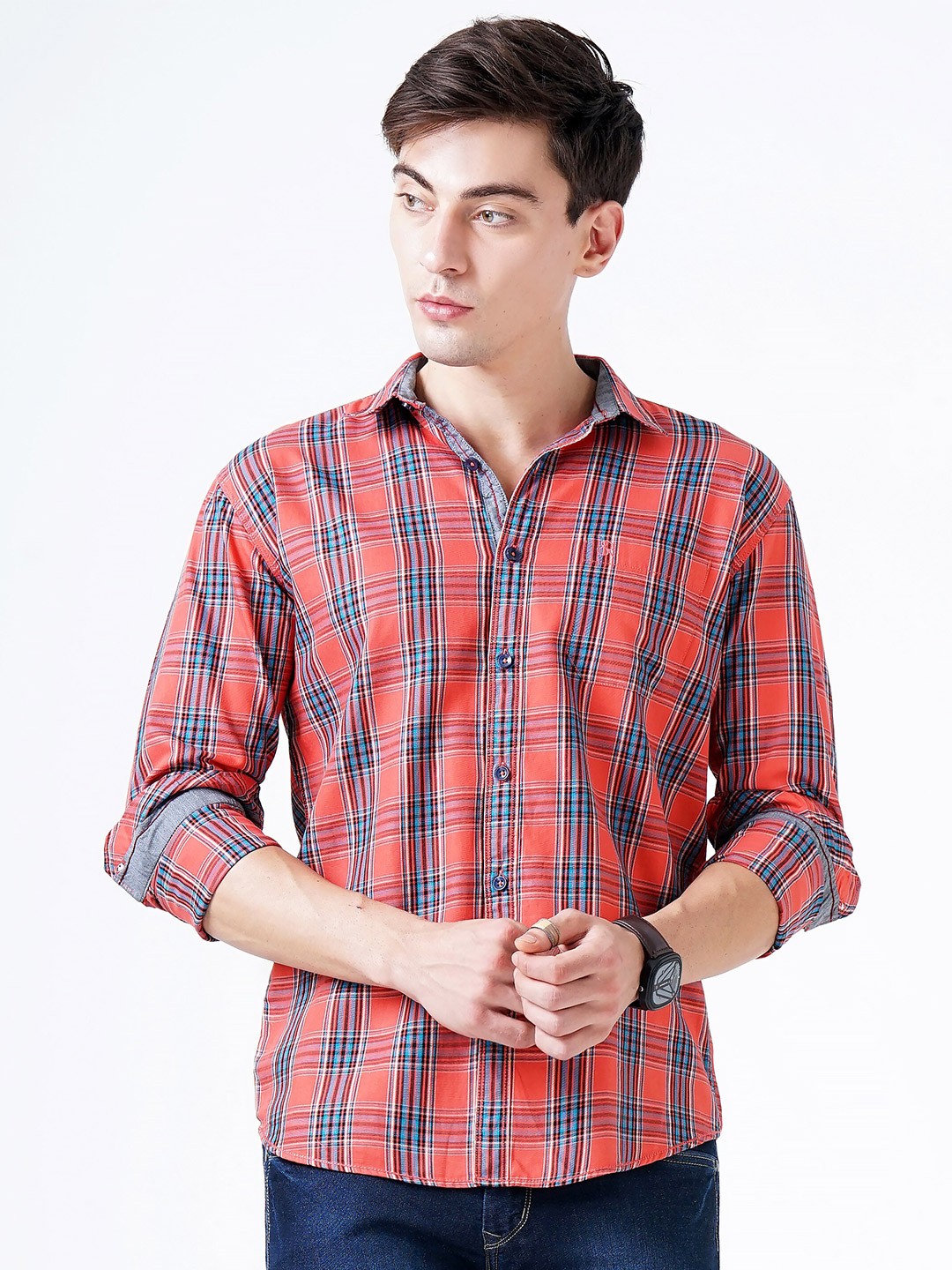 

SORATIA Men Orange Slim Fit Tartan Checked Casual Shirt
