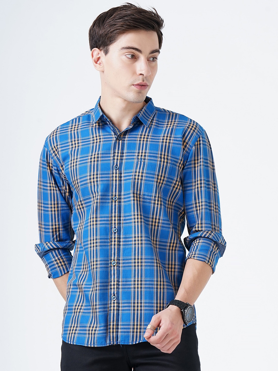 

SORATIA Men Blue Slim Fit Tartan Checked Casual Shirt