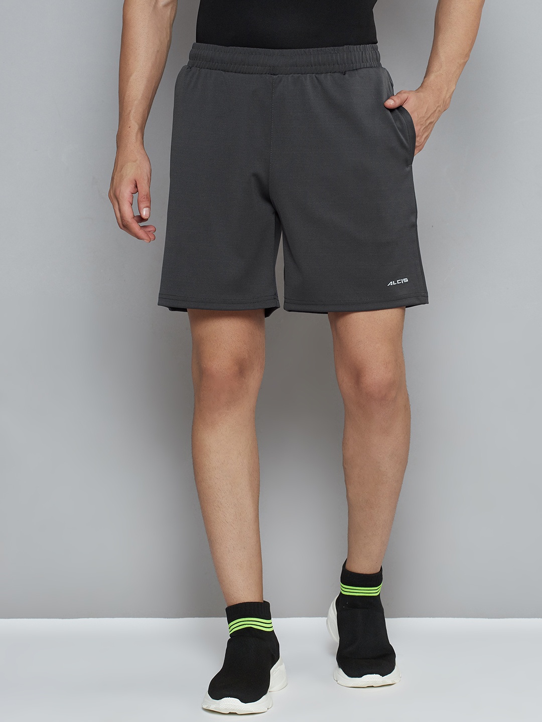 

Alcis Men Charcoal Grey Solid Slim Fit Sports Shorts