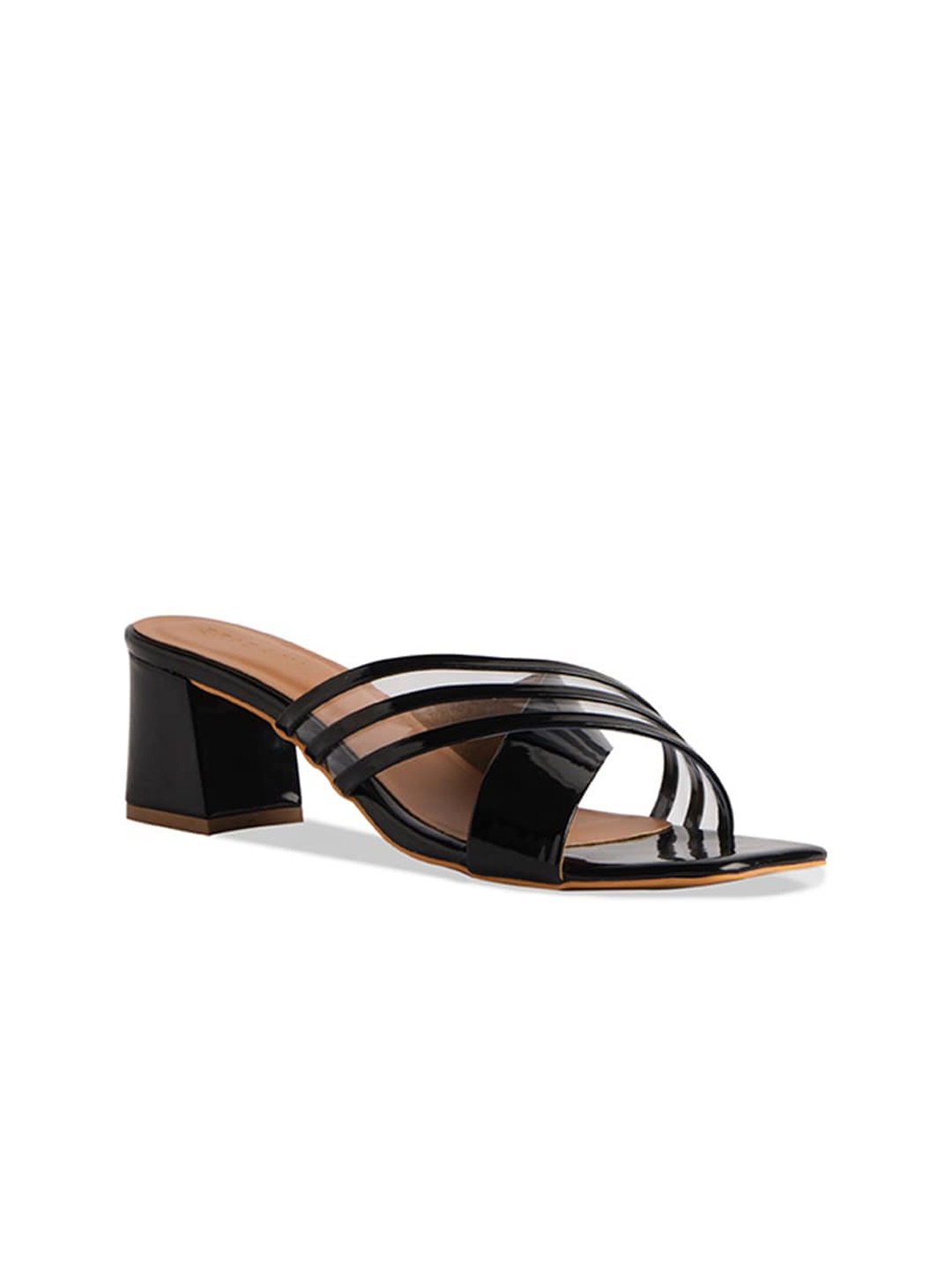 

ERIDANI Black Textured Block Sandals with Laser Cuts