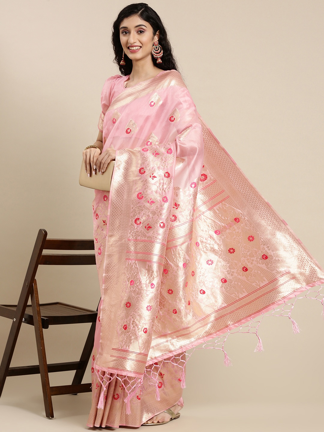 

Mitera Pink Woven Design Pure Organza Banarasi Saree