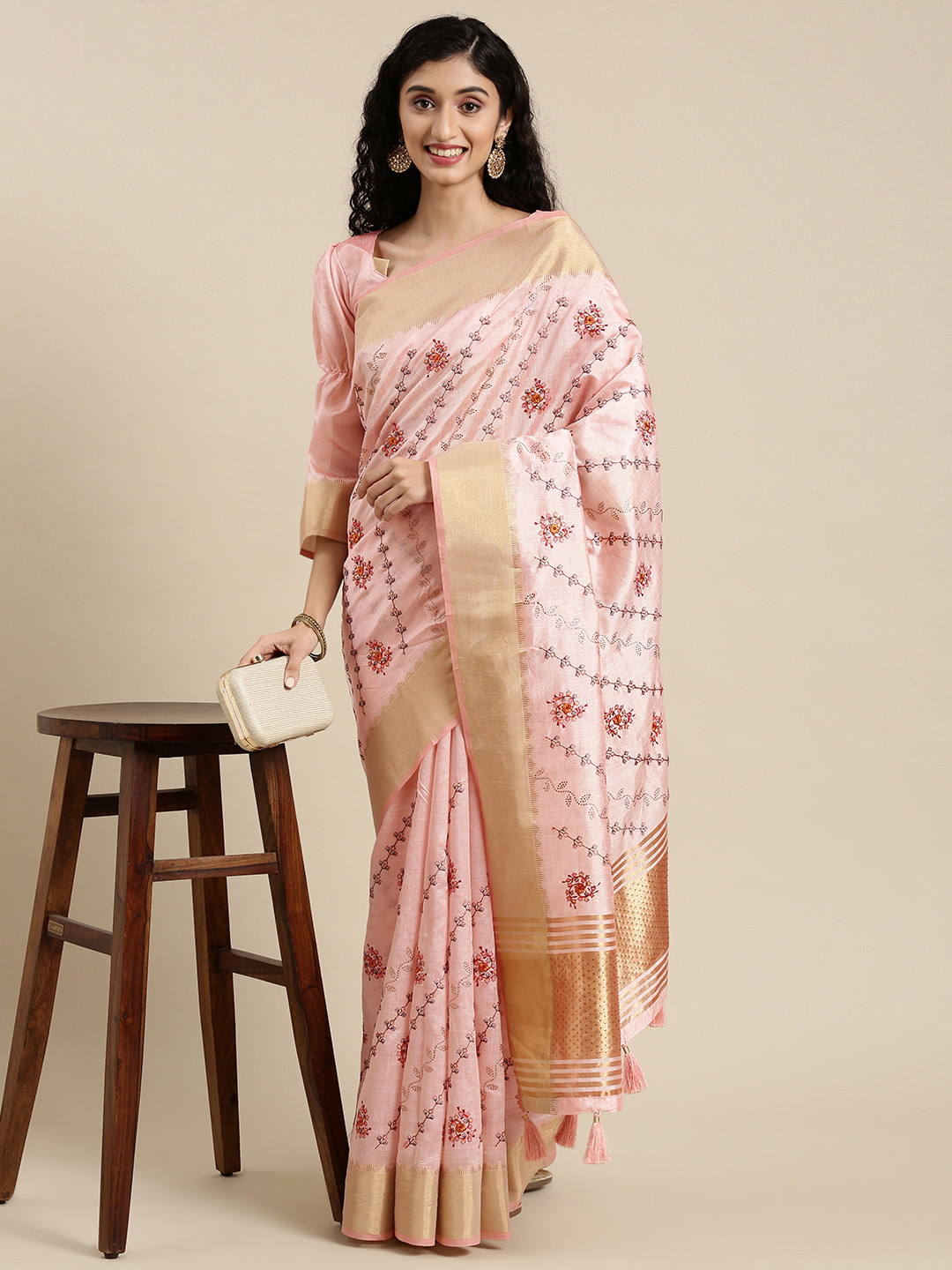 

Mitera Pink Floral Embroidered Saree