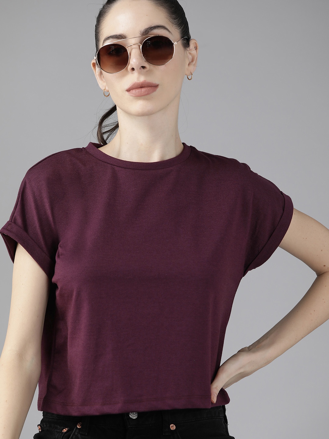 

Roadster Women Burgundy Extended Sleeves Oversized T-shirt