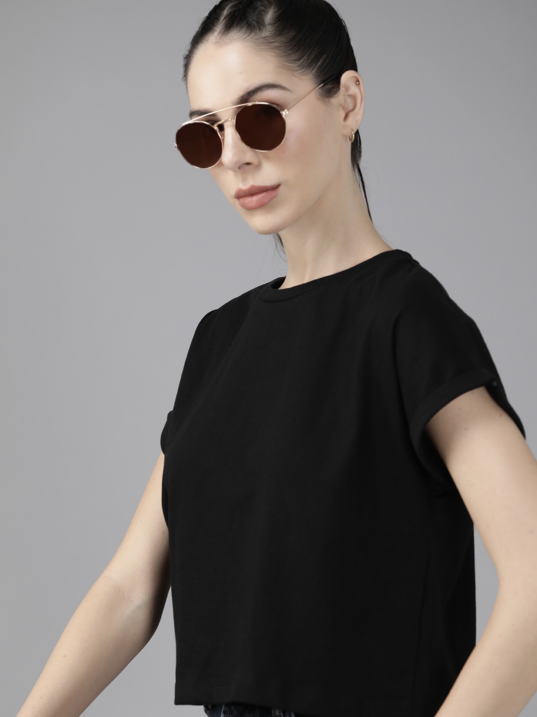 

Roadster Women Black Extended Sleeves Oversized T-shirt