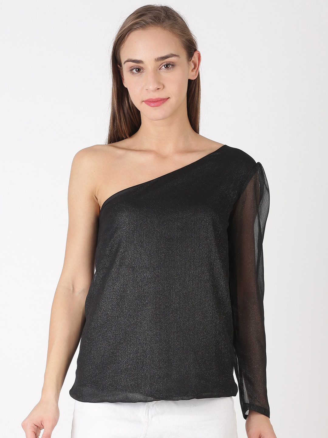 

kriatma Black One Shoulder Sheen Sheer Crepe Top