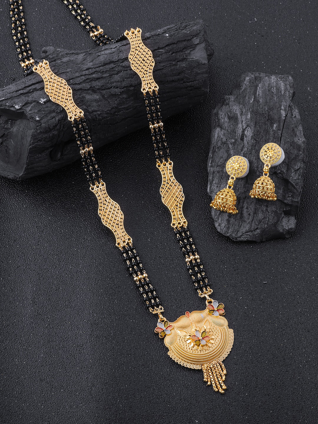 

Brandsoon Gold-Plated Black Beaded Mangalsutra WIth Earrings
