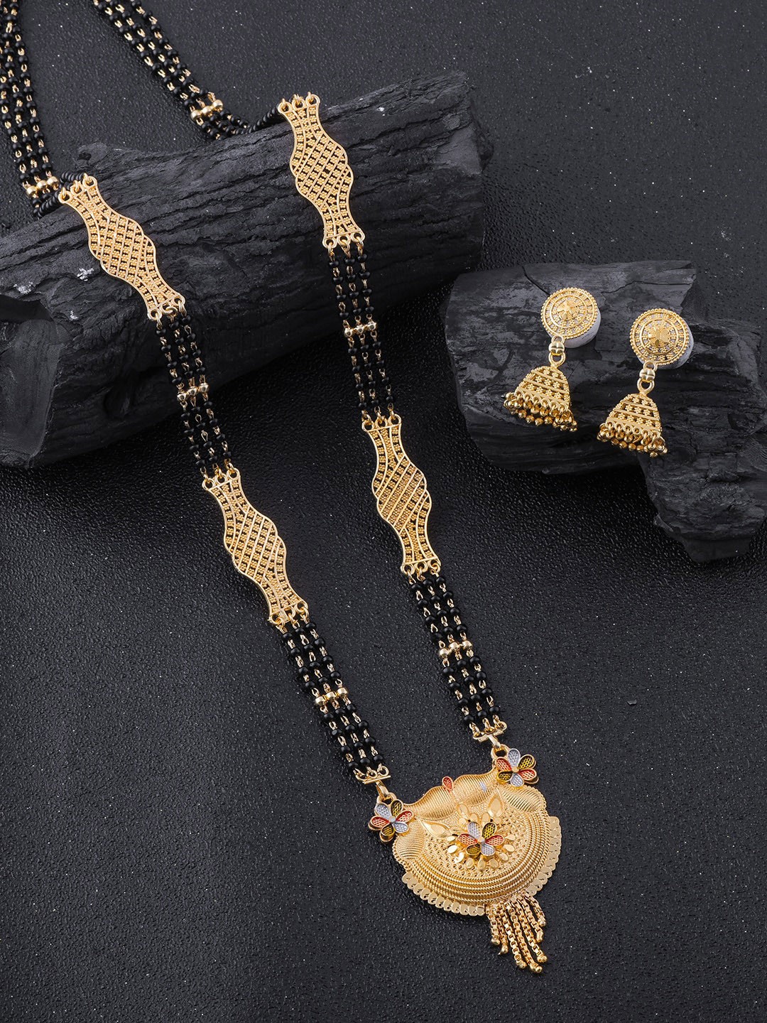 

Brandsoon Gold-Plated Black Beaded Mangalsutra WIth Earrings