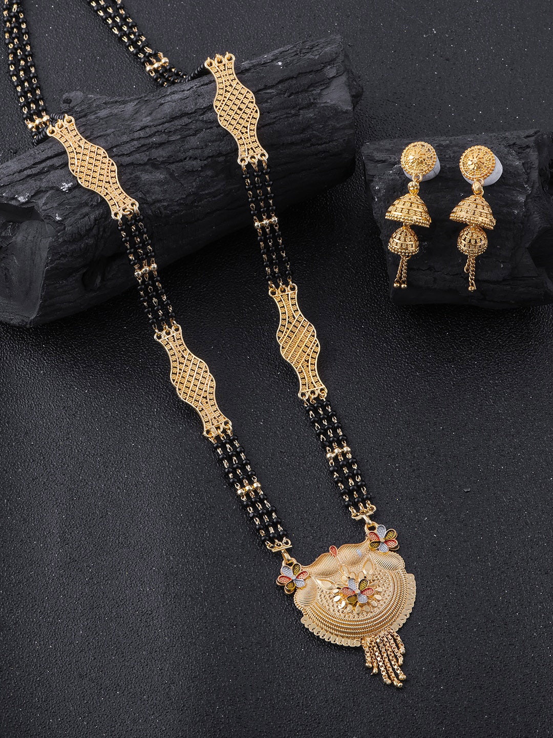 

Brandsoon Gold-Plated Black Beaded Mangalsutra WIth Earrings