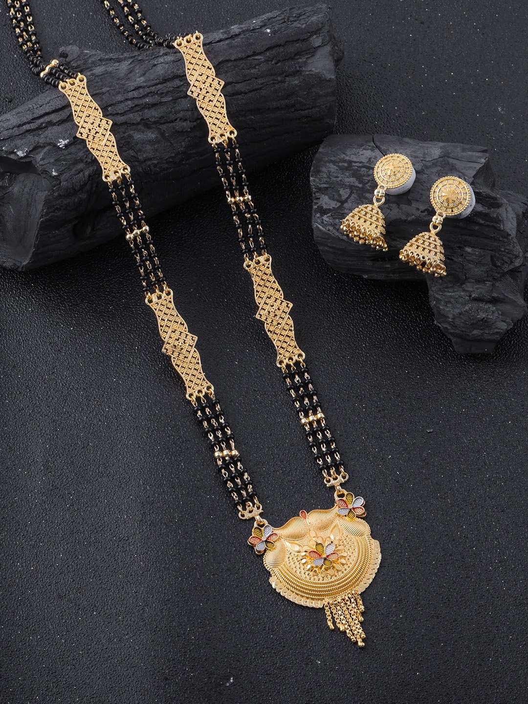 

Brandsoon Gold-Plated Black Beaded Mangalsutra WIth Earrings