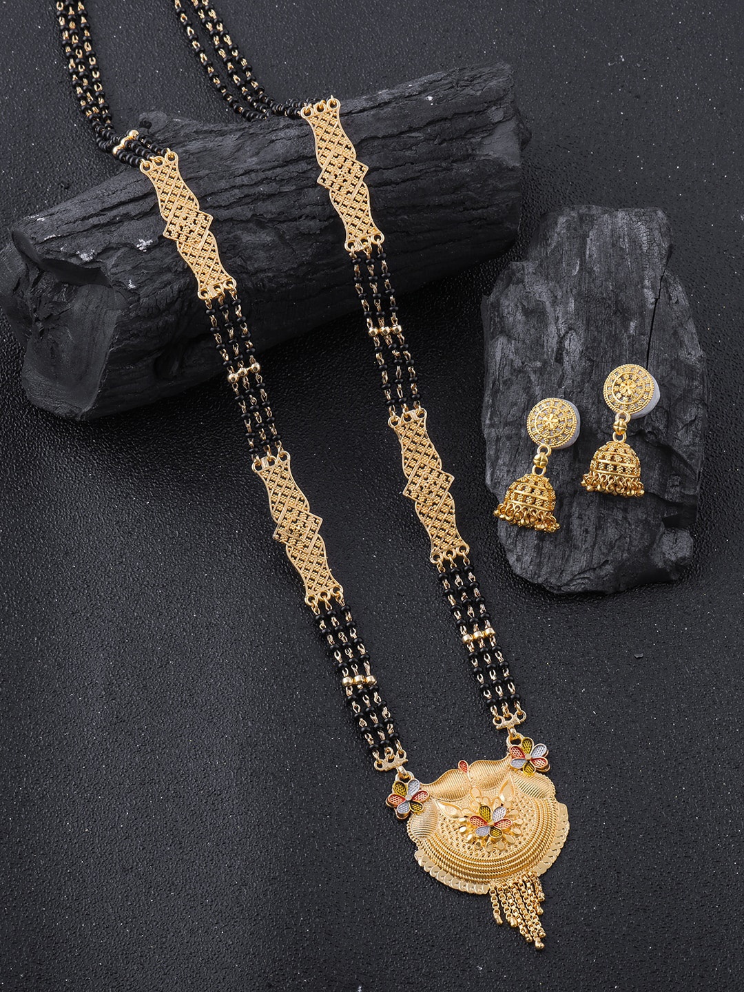 

Brandsoon Gold-Plated Black Beaded Mangalsutra WIth Earrings