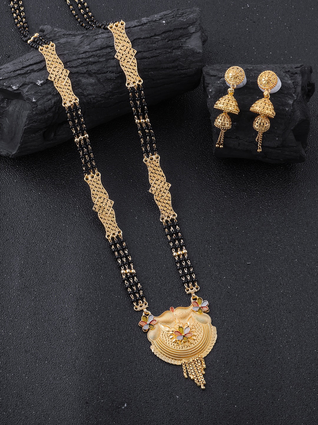 

Brandsoon Gold-Plated Black Beaded Mangalsutra WIth Earrings