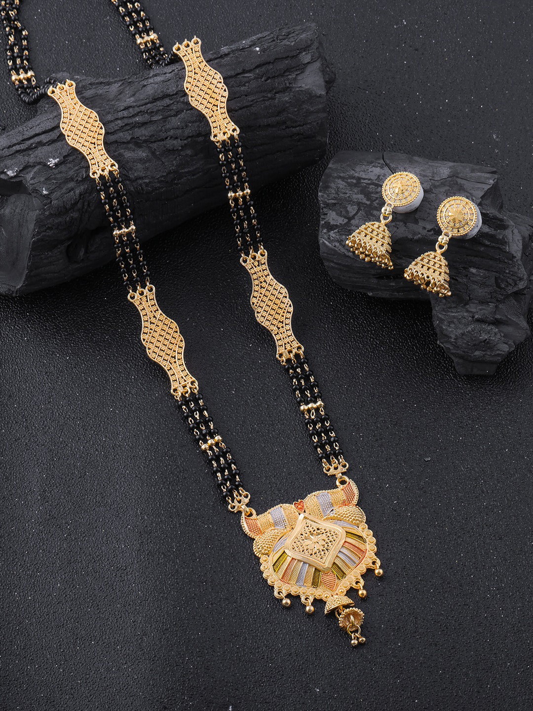 

Brandsoon Gold-Plated Black Beaded Mangalsutra WIth Earrings