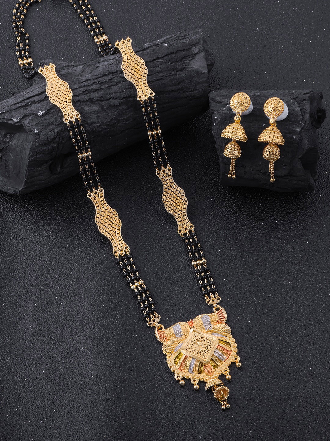 

Brandsoon Gold-Plated Black Beaded Mangalsutra WIth Earrings