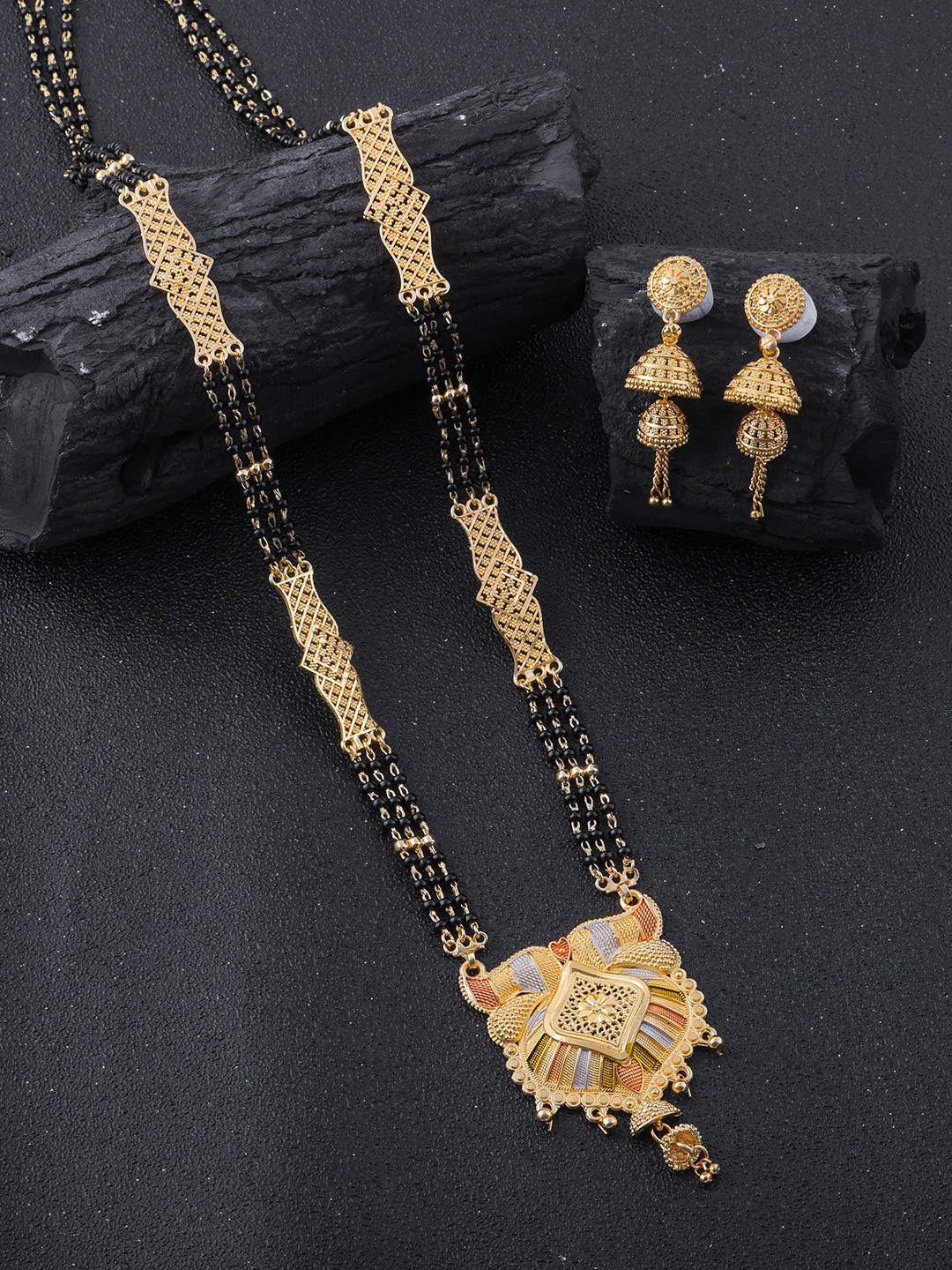 

Brandsoon Gold-Plated Black Beaded Mangalsutra WIth Earrings