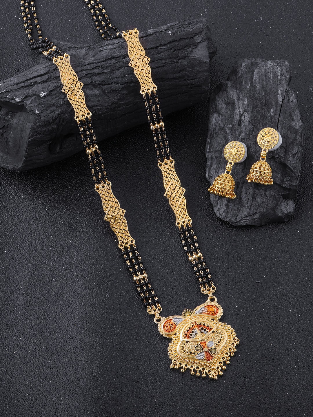Brandsoon Gold-Plated Black Beaded Mangalsutra WIth Earrings