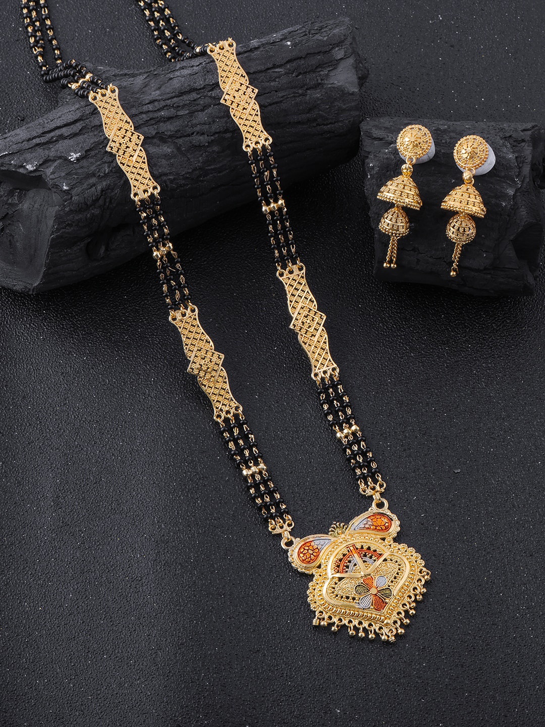 

Brandsoon Gold-Plated Black Beaded Mangalsutra WIth Earrings