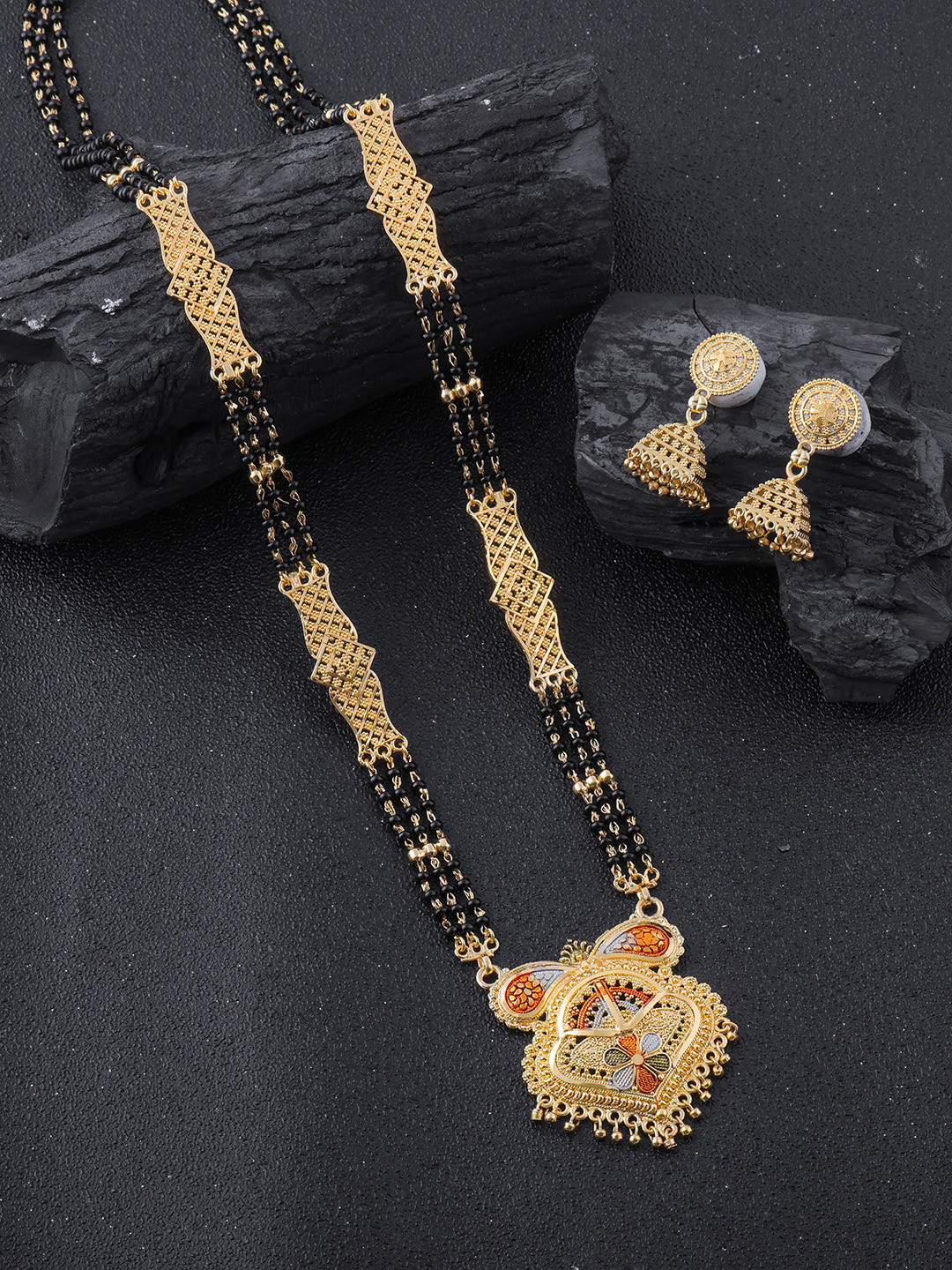 

Brandsoon Gold-Plated Black Beaded Mangalsutra WIth Earrings