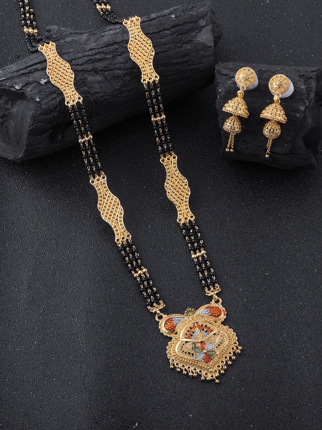 

Brandsoon Gold-Plated Black Beaded Mangalsutra WIth Earrings