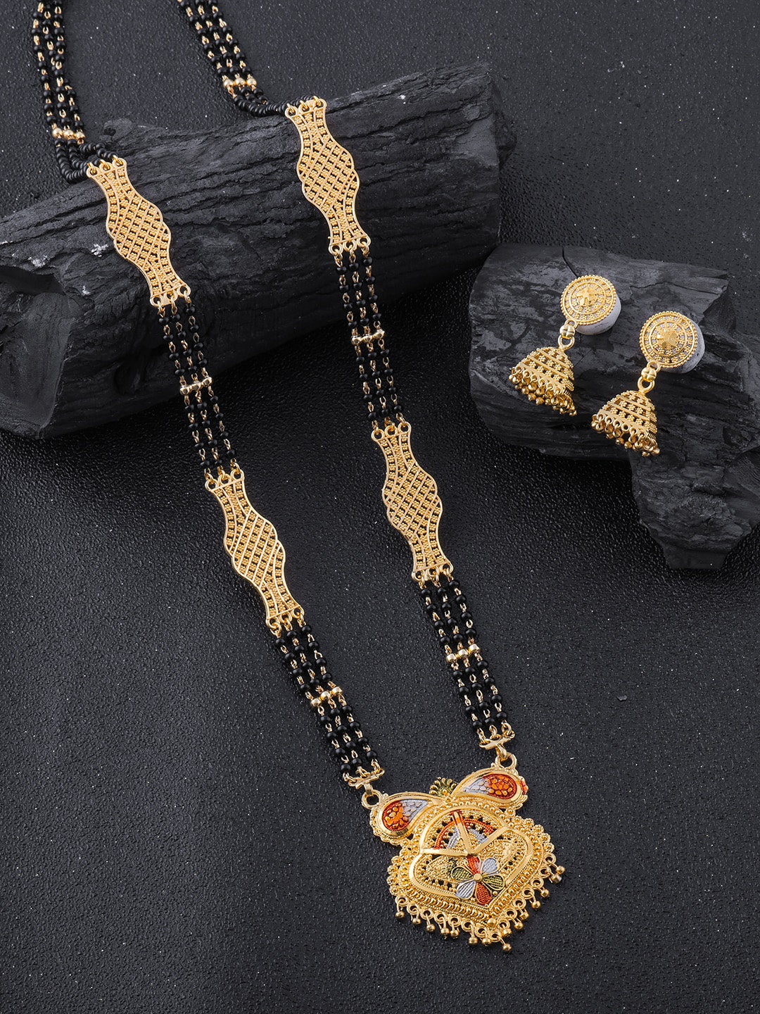 

Brandsoon Gold-Plated Black Beaded Mangalsutra WIth Earrings