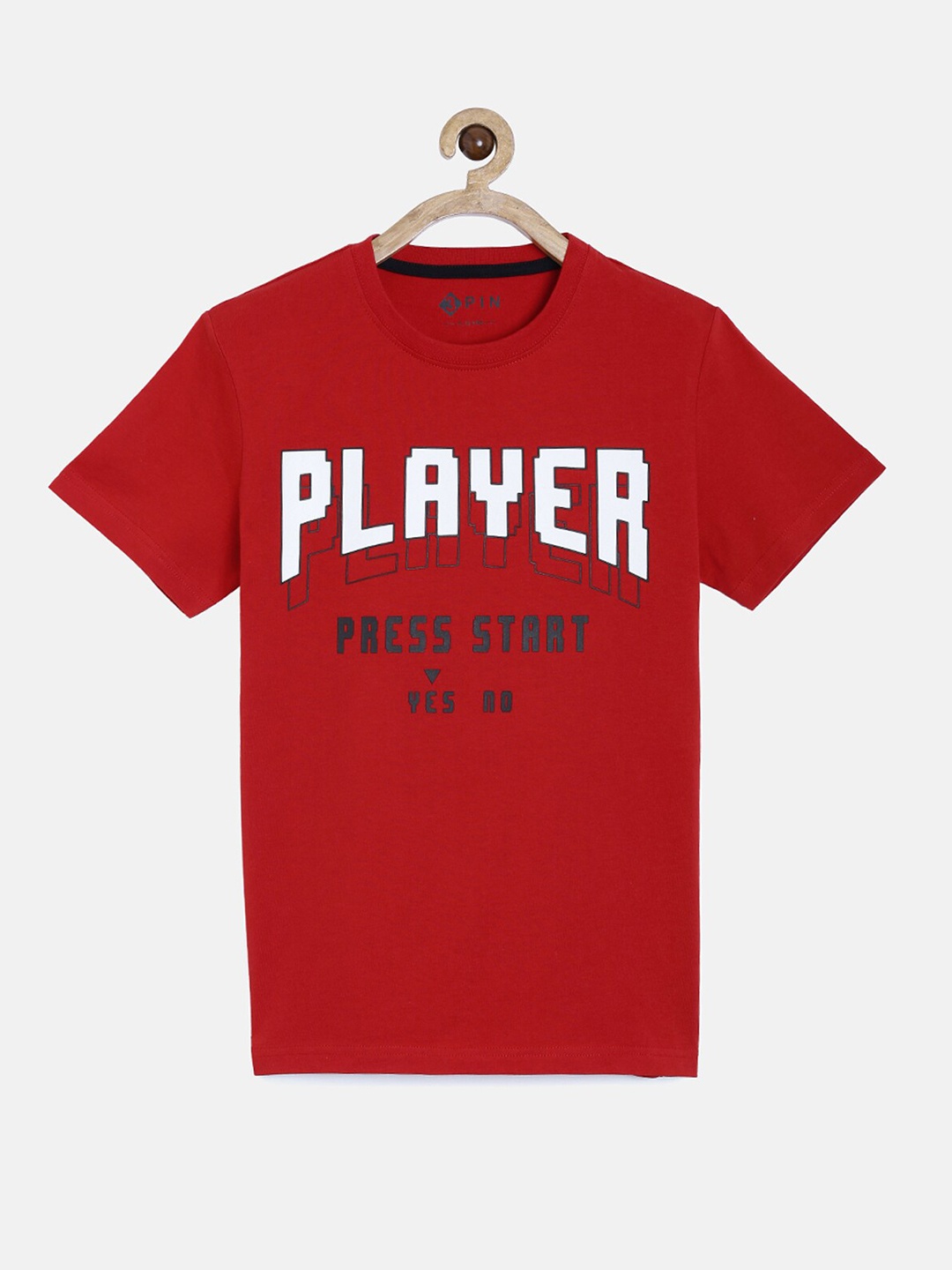 

3PIN Boys Red Typography Printed Applique T-shirt