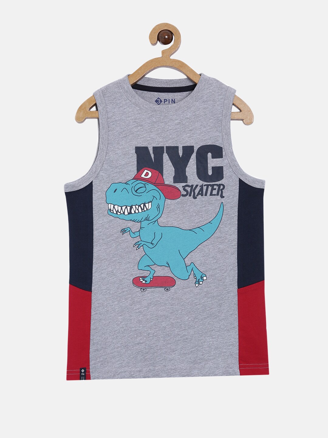 3PIN Boys Grey Typography Colourblocked Applique T-shirt