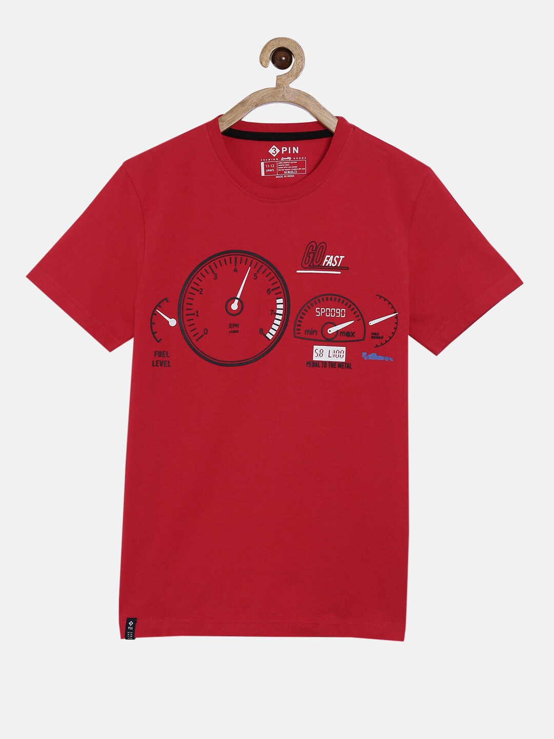 

3PIN Boys Red Typography Printed V-Neck Applique T-shirt