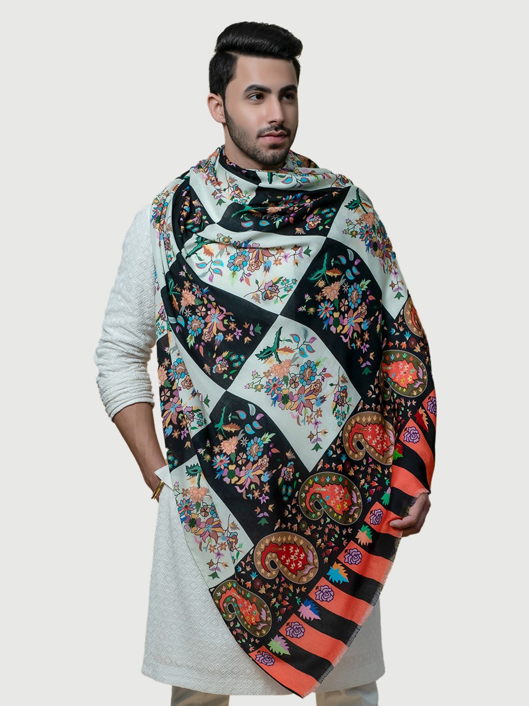 

TAROOB Men Black & Blue Kashimir Print Soft Ecovera Shawl, Multi
