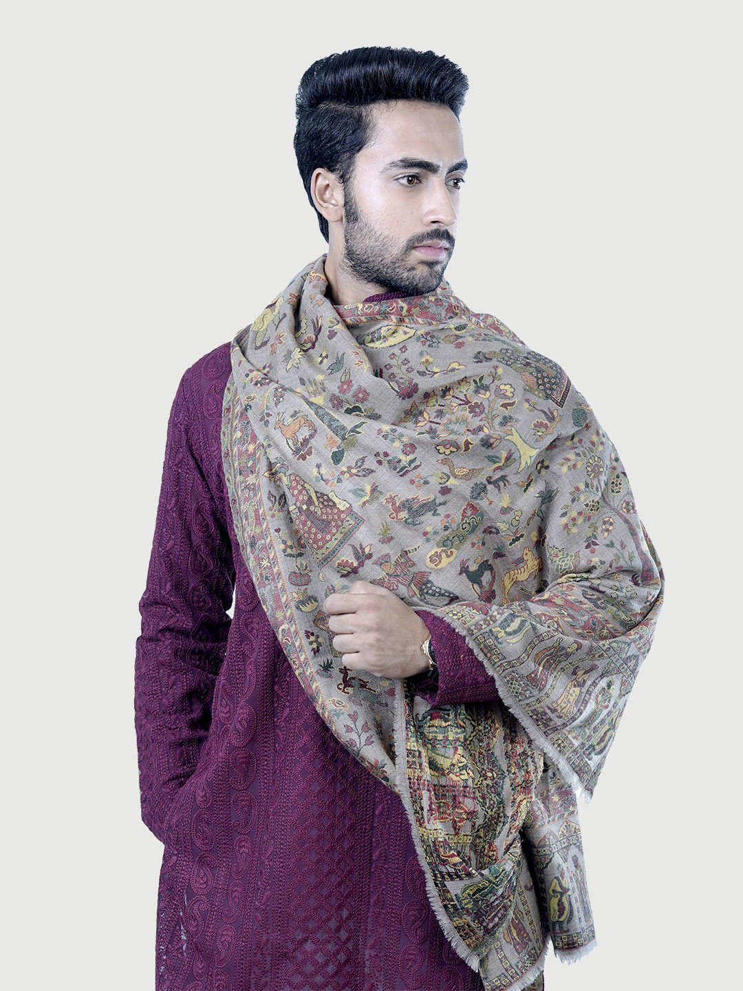 

TAROOB Men Grey 7 Yellow Woven Design Pashmina Wool Shawl
