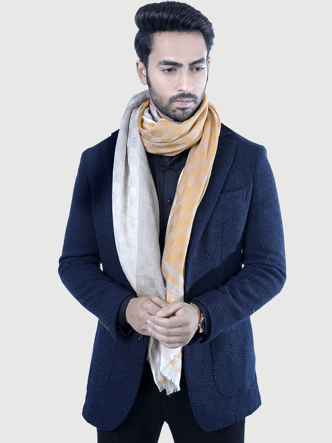 

TAROOB Men Yellow & Grey Woven Design Pashmina Wool Shawl