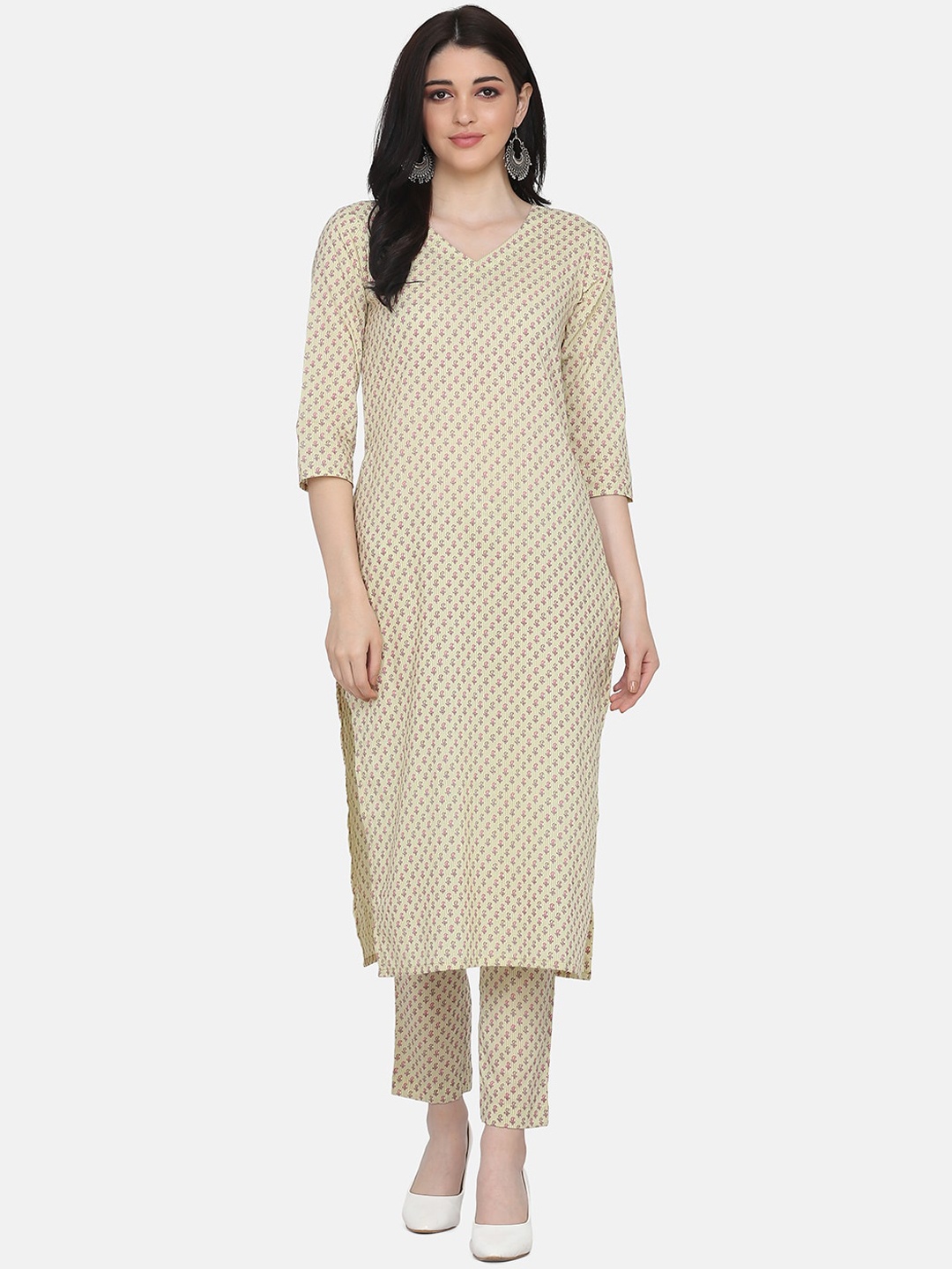 

Saanjh Women Yellow Ethnic Motifs Printed Pleated Pure Cotton Kurta with Trousers