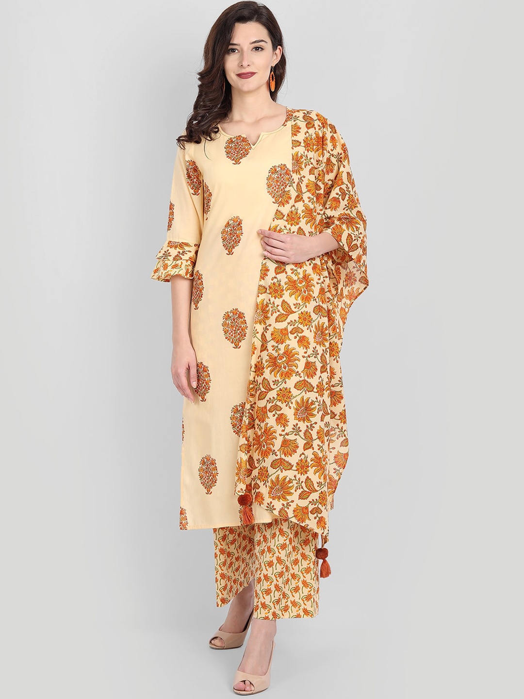 

githaan Women Yellow Printed Layered Pure Cotton Kurti with Palazzos & With Dupatta