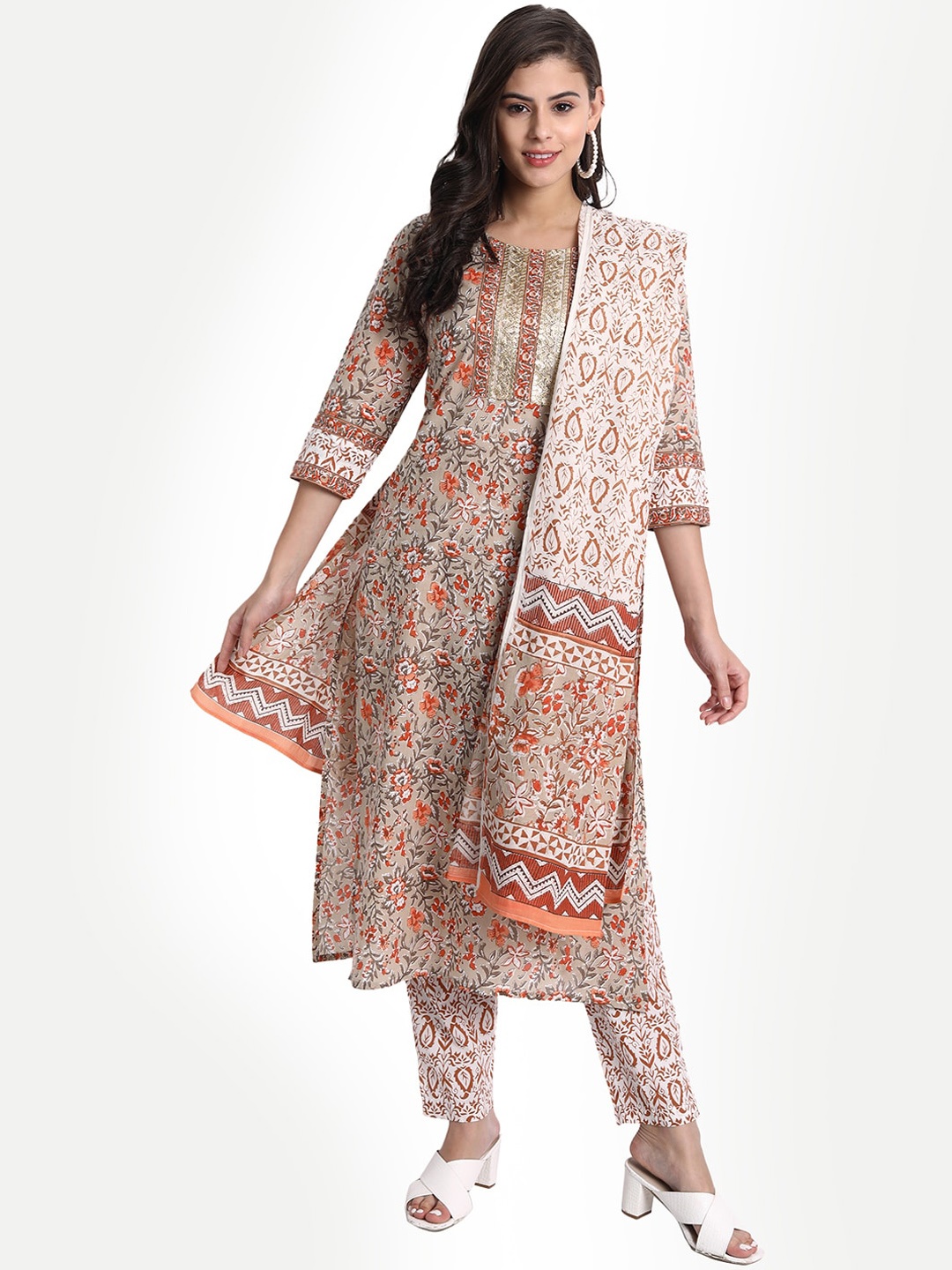 

githaan Women Beige Floral Printed Sequinned Pure Cotton Kurti with Churidar & With Dupatta