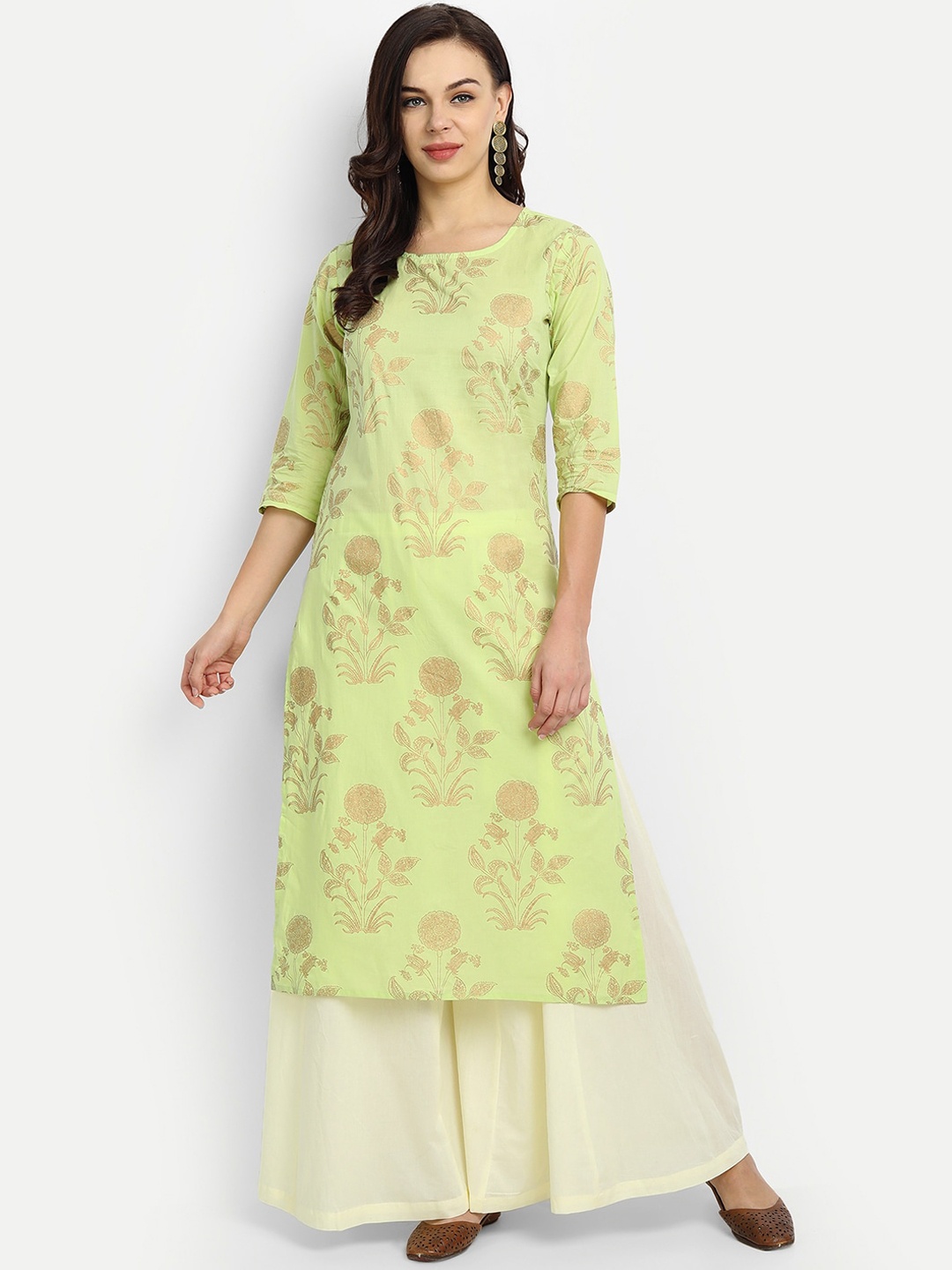 

githaan Women Green Floral Printed High Slit Thread Work Pure Cotton Kurta with Palazzos